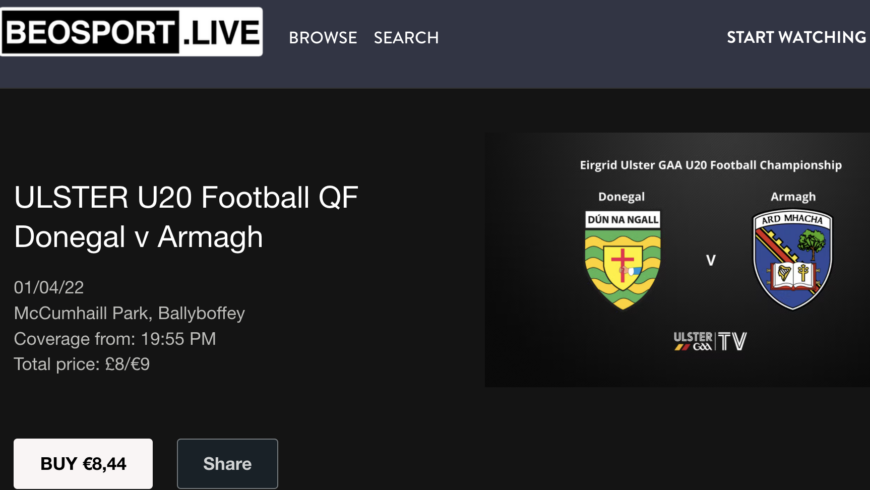 Donegal v Armagh Ulster U20s Quarterfinal is being streamed