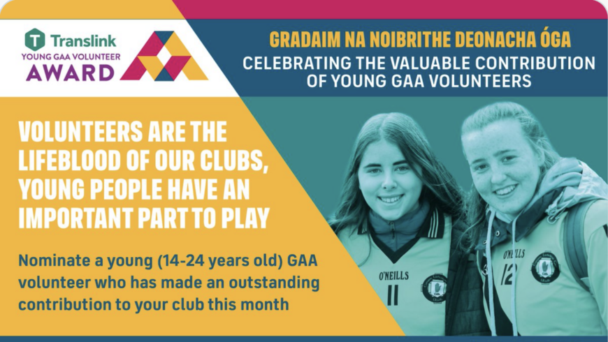 Nominations open for Ulster GAA Translink Young Volunteer of the Month for July