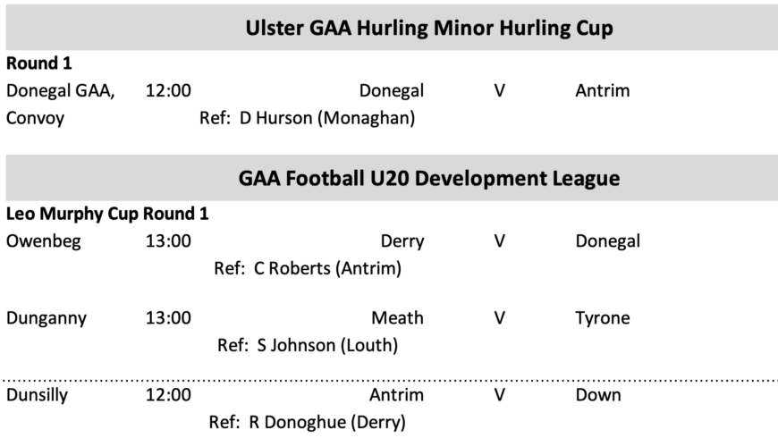 Donegal u20 Development and Minor Hurlers start Campaigns on Saturday